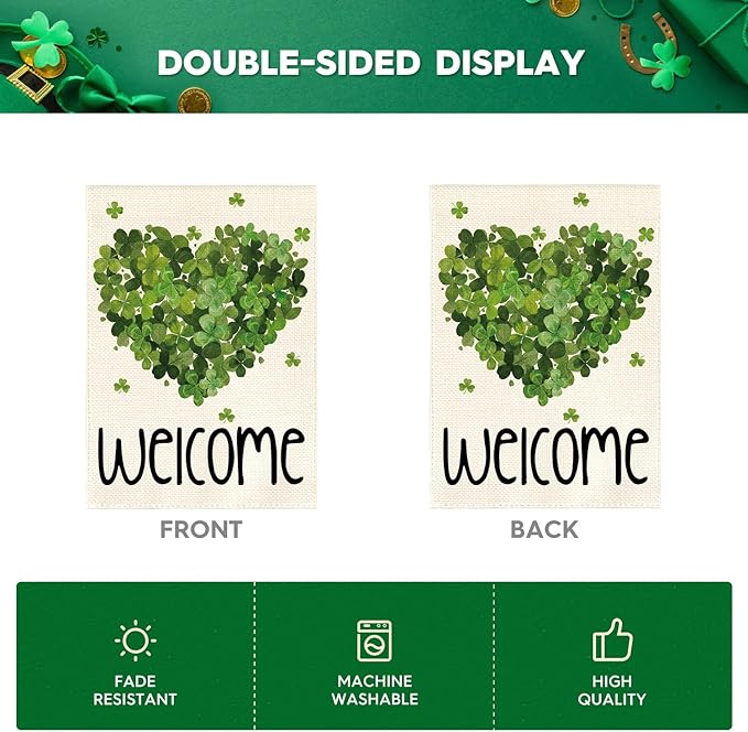 AVOIN colorlife St Patricks Day Garden Flag 12x18 Inch Double Sided Outside, Lucky Clover Shamrock Welcome Holiday Yard Outdoor Flag