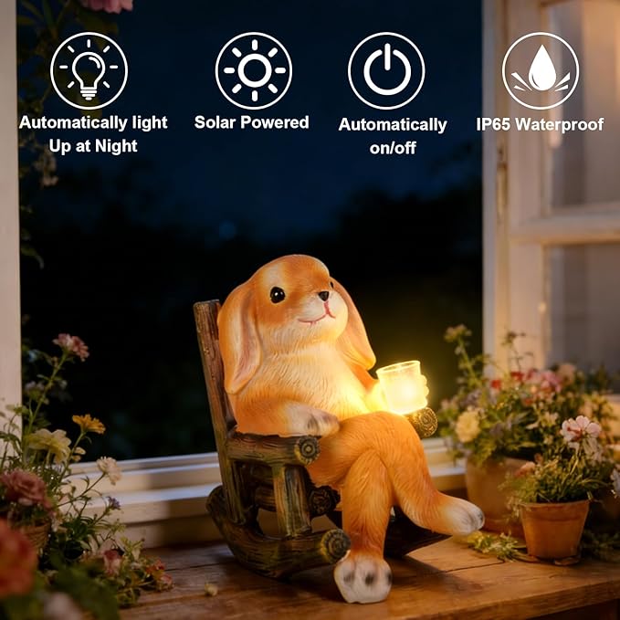 Garden Statues Dog Statue with Solar LED Light, Ideal Gifts for Friends or Family's Birthday, Outdoor Decorations for Yard (Rocking Chair Bunny)