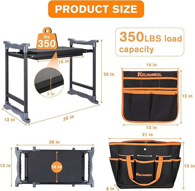 Garden Kneeler and Seat, Extra Wide Thick EVA Pad, Heavy Duty Foldable Garden Bench Holds 350lbs, Ergonomic Kneeling Stool with Garden Tool Pouches, Gardening Gifts for Women, Men & Seniors