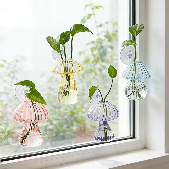 Window Propagation Stations, 4 pcs Colored Mushroom Plant Propagation Station with Suction Cups, Easy to Install Window Hanging Planer, Indoor No Nails Glass Vase Terrarium for Plants&Flowers