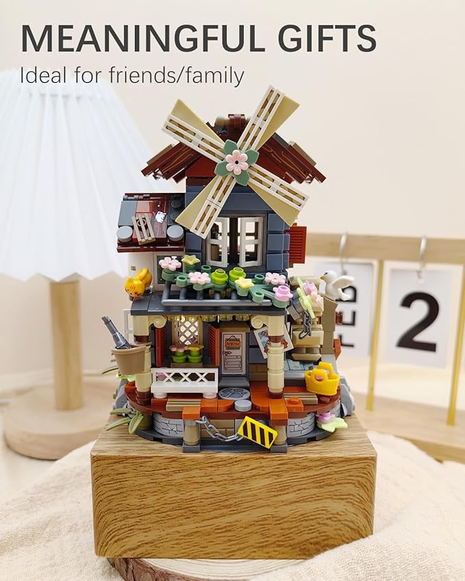 Music Box Building Blocks Set, Japanese Rustic Style Windmill House Toy Set, Mini Farm House MOC Creative Model, Gifts Idea for Kids Adults (Mini Blocks 799pcs)-1239