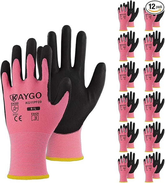 KAYGO Work Gloves for Men and Women,12 Pairs Seamless Knit PU Coated Safety Gloves, with Smooth Grip on Palm and Fingers, Ideal for Light Warehouse, Manufacturing, Gardening, KG11P (L,Pink)