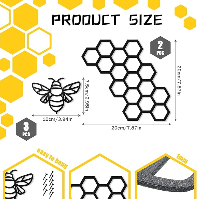 Peryiter 5 Pcs Metal Bee Wall Art Farmhouse Honey Bee Honey Comb Decor Wire Metal Wall Decor Hanging for Living Room Garden Bedroom Office Home(Black)