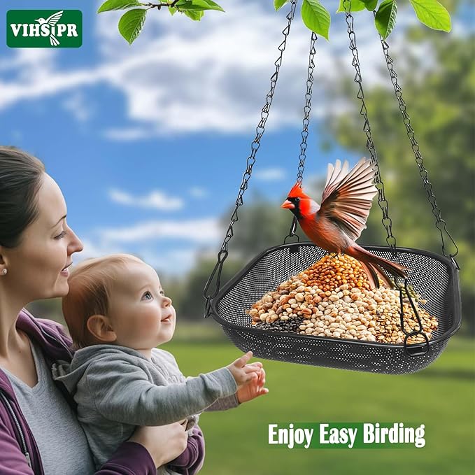 Platform Hanging Bird Feeder for Outdoors – Metal Mesh Seed Tray to Attract Wild Birds, Square 11 x 11 in, Black