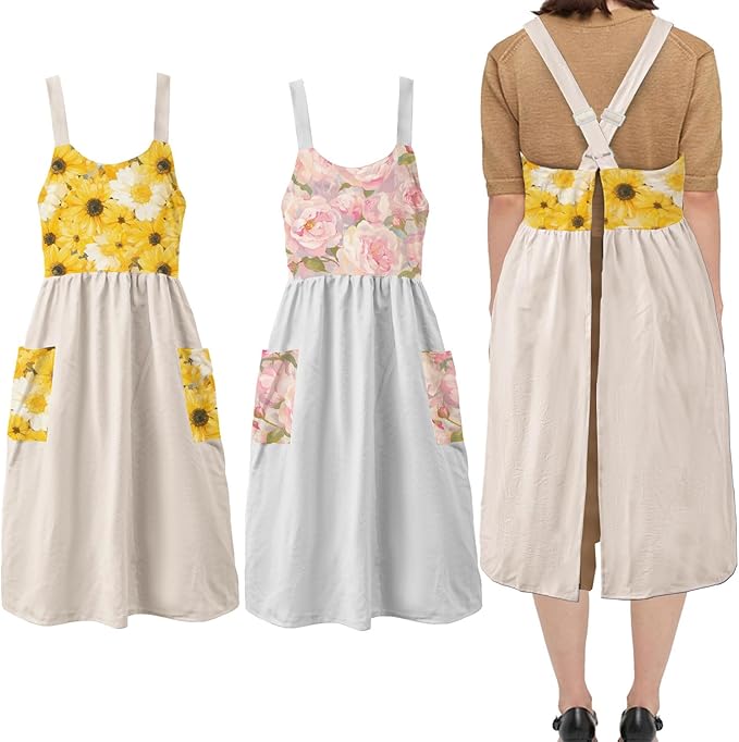 Uaussi Cotton Linen Apron Cross Back Work Apron for Women with Pockets Pinafore Dress X Cross Halter Apron for Chef Gardening