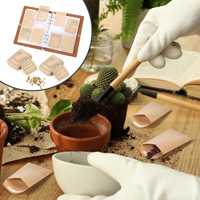Mkway Garden Seed Storage Organizer Binder - 150 Resealable Seed Envelopes Brown Shell with 40 Sheet Protectors for Efficient Seed Packet Organization - Green