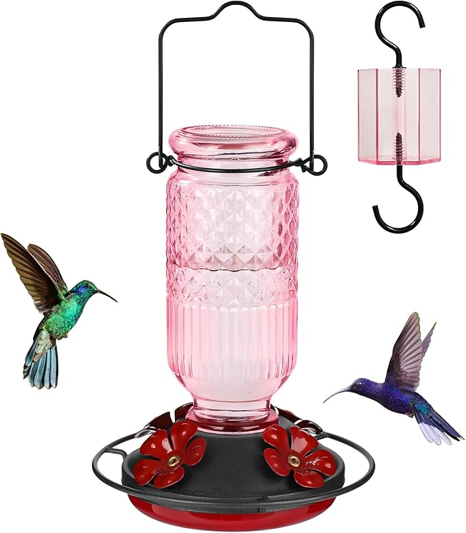 FEED GARDEN Glass Hummingbird Feeders for Outdoors, 16 OZ Pink Hummingbird Feeder with 4 Bee Guard Feeding Ports & Built-in Ant Moat, Humming Bird Feeder, Gifts for Women Mom,1 Pack