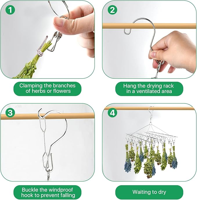 4 Pack Hanging Herb Drying Rack, Stainless Steel with 30 Hooks - Space Saving Herb Dryer for Fresh Herbs, Flowers, Tea & Culinary Herbs - Rustproof Kitchen & Garden Drying Rack
