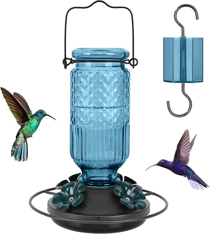 FEED GARDEN Glass Hummingbird Feeder for Outdoors Hanging, 16 OZ Humming Birds Feeders with 4 Bee Guard Feeding Ports & Built-in Ant Moat, Hummingbird Gifts for Mom, Bird Feeder for Outside, Blue