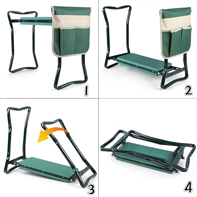 Garden Kneeler and Seat Foldable Gardening Bench Stool with Tool Bag Pouch EVA Foam Pad Outdoor Practical Garden Tools for Kneeling and Sitting Sturdy and Lightweight, Green