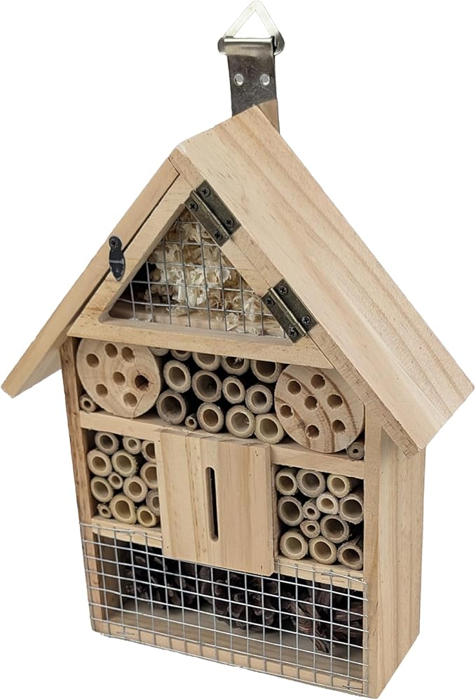 Niteangel Natural Wooden Hanging Bee House for Gardens | Natural Wooden Butterfly Hotel for Bee, Butterfly, Ladybirds, Beneficial Insect Habitat, Bee Hotel Garden