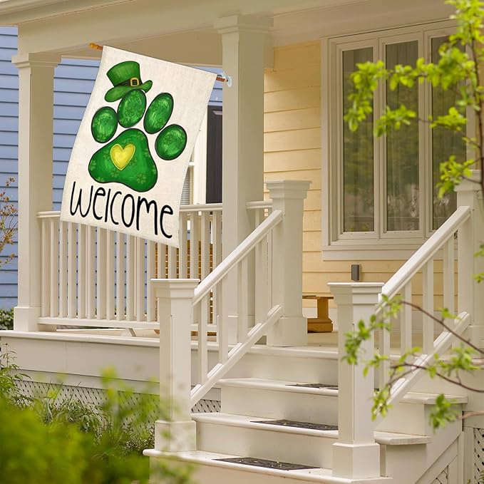 Welcome St Patricks Day House Flags for Outdoor Decoration, Dog Paw with Green Hat Lucky Shamrocks Large Yard Flag, Decorative Irish Celebration Decor for Seasonal Farmhouse Holiday Outside