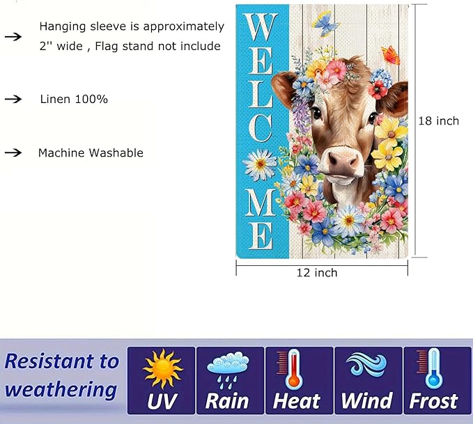 Spring Welcome Cow Garden Flag 12 x 18 inch Double Sided Outside decorations,Funny Cute Animal Small Garden Flags For Outdoor Yard Lawn
