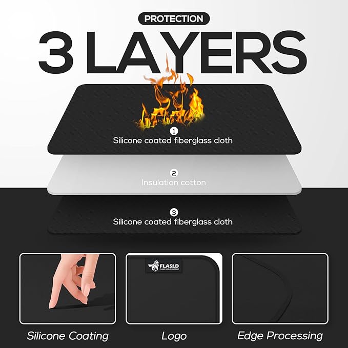 FLASLD Heat Resistant Mat for Air Fryer Site on, Fireproof Silicone Mats for Kitchen Counter, Countertop Protector, No-slip and Waterproof (12"X18", Black)