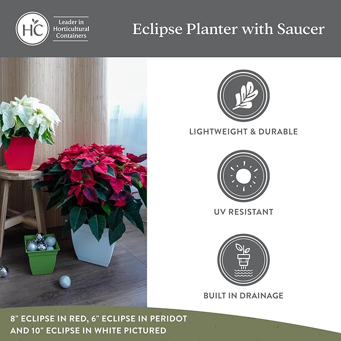 The HC Companies Eclipse Square Plastic Planter w/Attached Saucer - Outdoor & Indoor Plant Pot with Drainage Holes - Lightweight, UV-Resistant Plastic Pots for Plants (10" White, Pack of 1)