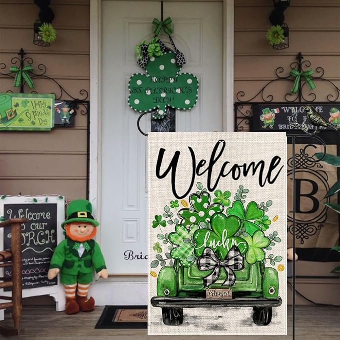 GEEORY St Patricks Day Shamrocks Truck Garden Flag 12 x 18 Inch, Green Lucky Clovers Double Sided Decorative Flag For Outside Yard Lawn Outdoor Decoration GB090-12