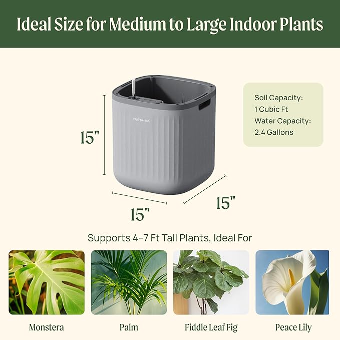 15 Inch Self-Watering Planter for Indoor Plants – Large Modern Plant Pot with Built-In Water Reservoir, Ideal for Monstera, Fiddle Leaf Fig, Palms & Peace Lily, Without Trellis, Twin Pack, Fog Gray