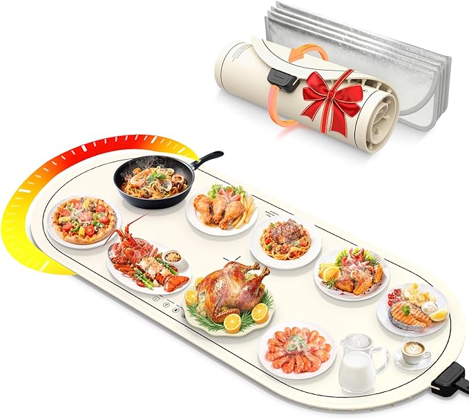 Food Warming Mats for Countertop Extra Large(XXL 36"x15"),Electric Heating Pad for Food,Roll Up Silicone Warmer Mat for Party and Kitchen,Practical Birthday Gift for Mom and Women(Beige)