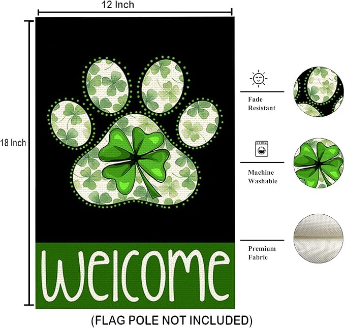 St Patricks Day Garden Flags for Outside, Irish Dog Paw with Green Hat Lucky Shamrocks Yard Decoration, Small Seasonal Outdoor Decor for Farmhouse Holiday,12x18 Inch Double Sided
