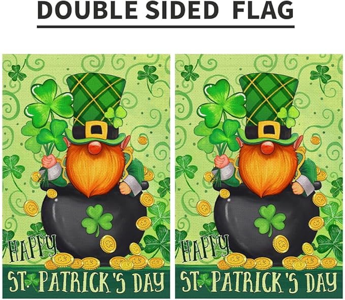 Happy St Patricks Day Gnome Garden Flag Burlap 12x18 Double Sided, Green Leprechaun Hat Shamrock Lucky Clover Holiday Party Sign Small Flags Yard Outdoor Decorations DF656