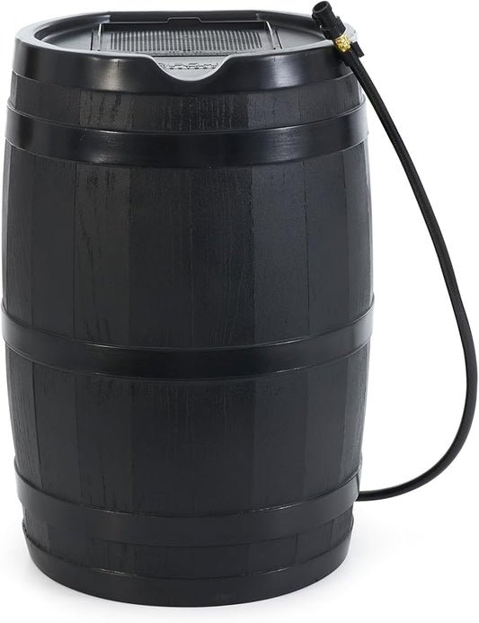FCMP Outdoor 45 Gallon Heavy Duty Rain Water Catcher Barrel Container with Hose and Debris Screen for Outdoor Plants, Garden, and Landscapes (RC45-BLK) Black