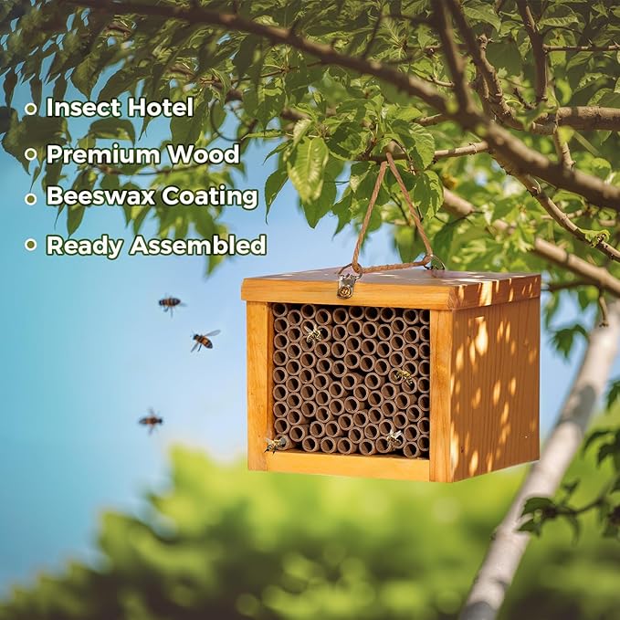 Mason Bee House - Wax Coated Bee Hotel for the Garden, Natural Handmade Wooden Insect Hotel, Mason Bee Home for Outdoors, Attracts Peaceful Bee Pollinators to Your Garden