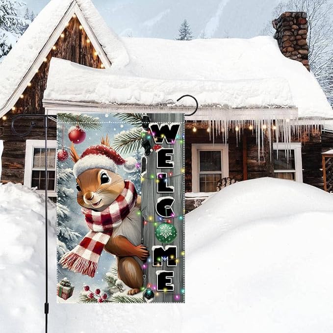 Christmas Garden Flag 12x18inch The Nut Squirrel Welcome XMAS winter Garden Flags Yard Porch House Flag Double-Side For Home Outdoor Yard Patio Lawn Decor,Happy New Year merry Christmas banners for outside Decorations (RMQ-85, 12"X18")