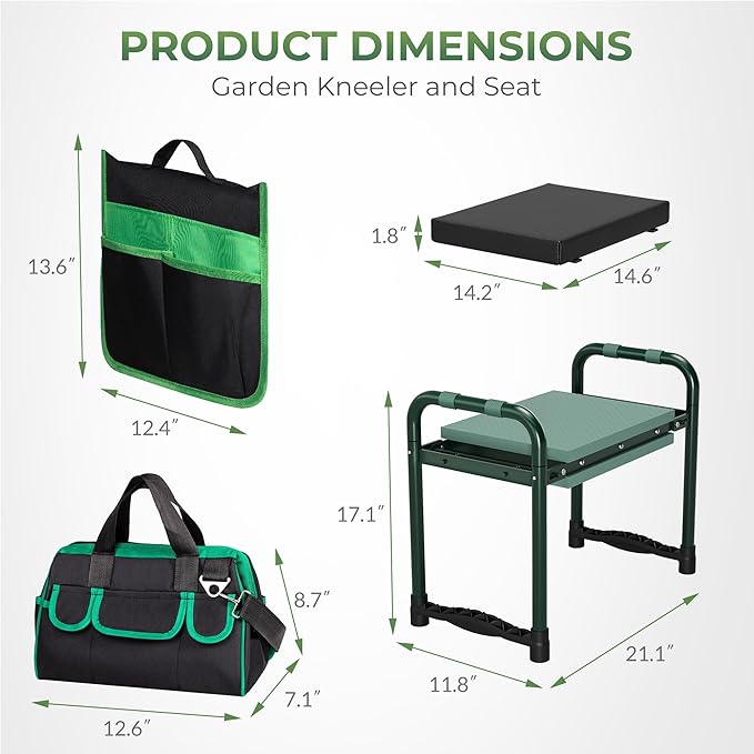 Walensee Foldable Garden Kneeler and Seat with Cross-Body Tool Bag & Removable Tool Pouch, Heavy Duty Garden Stool with Soft Leather Kneeling Pad, No Assembly, Ideal Gardening Gift for Women & Men