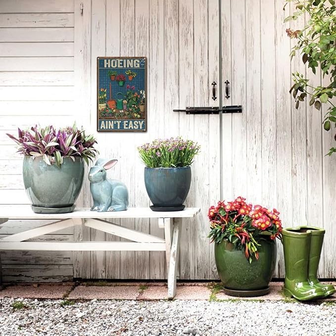 Funny Garden Sign – Hoeing Ain’t Easy | 12x8″ Vintage Metal Sign for Outdoor Garden Decor - Comical Gardening Gift for Women & Plant Lovers, 2485
