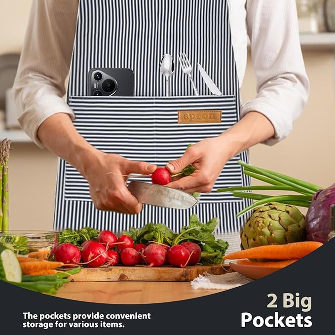 2 Pack Kitchen Aprons, Apron for Cooking with 2 Pockets, Unisex Adjustable Neck Strap Chef Aprons for Men Women