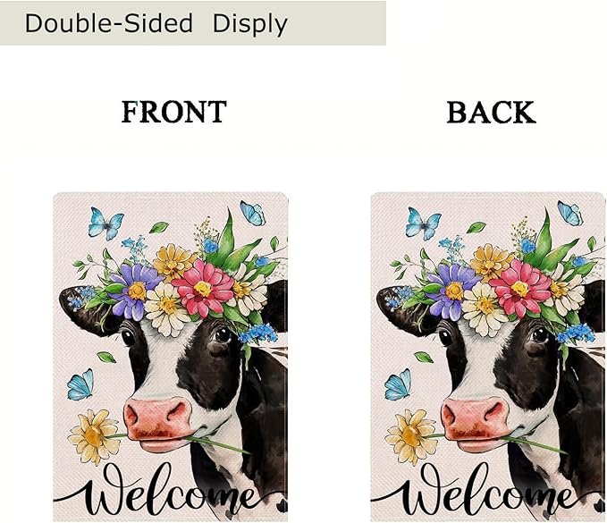 Spring Welcome Cow Garden Flag 12 x 18 inch Double Sided Outside decorations,Funny Cute Animal Flower Butterfly Small Garden Flags For Outdoor Yard Lawn