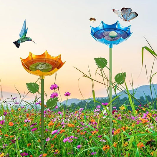 Bee Watering Station | 2 Pack Butterfly Feeder for Outside | Metal Decorative Garden Stakes | Bee Baths for Garden Yard Decor Umbrella Design (Blue,Yellow)