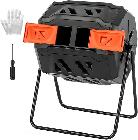 NEWBULIG Compost Bin Outdoor 43 Gallon, Dual Chamber Composter Tumbler Outdoor with Gloves, Efficient 360°Rotating Composting Bin for Patio, Lawn, Home Gardening and Landscape, Orange