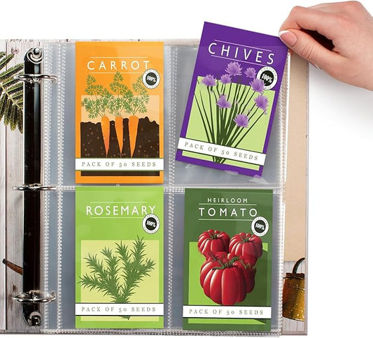 200 Pockets Seed Storage Organizer Sleeves (25 Pack) Slot Size 3.5x5, 4 Pocket Garden Seed Organizer, Clear Sleeves for Seed Packet Storage, Seed Keeper, Seed Organizer Binder