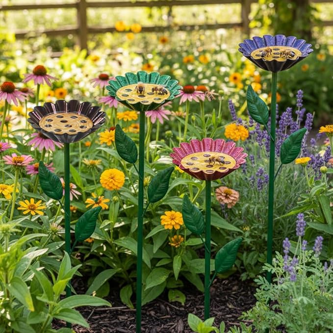 DREAMYSOUL 4 Pack Bee Watering Station, Colorful Metal Bee Bath and Feeder Set for Outdoor Garden Yard