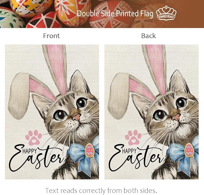 CROWNED BEAUTY Easter Cat House Flag 28x40 Inch Double Sided for Outside Small Burlap Welcome Holiday Yard Decoration CF1729-40