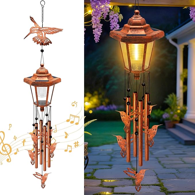 Large Solar Hummingbird Wind Chimes with Wind Catcher/Solar Decor Light to Create a Zen Atmosphere Suitable for Outdoor, Garden, Patio Decor Classic Bronze Wind Chimes as A Memorial Gift for Unisex