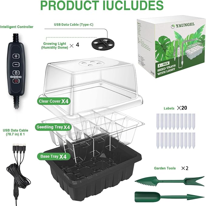 YAUNGEL Seed Starter Tray with Grow Light, 4 Pack Seed Starter Kit with Timing Controller Adjustable Brightness, Thicken Seedling Starter Trays with Humidity Domes Heightened Lids, Black