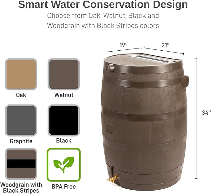 RTS Home Accents 50-Gallon Rain Barrel with Brass Spigot, Flat Back Rain Water Collection Barrel, Walnut Color