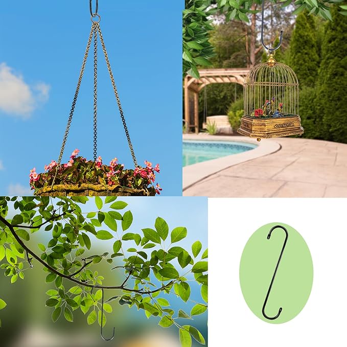 8 Pack Large S Hooks for Hanging Heavy Duty 10 Inch Long Steel Metal Hanger Black Extension Hooks for Closet Hanging Jeans Clothes Bird Feeders Plants Garden Indoor Outdoor