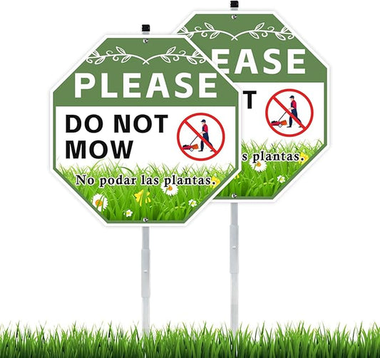 2 Pack 10" x 28" Do Not Mow Yard Signs with Stake and Accessories, Rust Free Aluminum Composite, Bilingual Garden Metal Signs for Outdoor Lawn