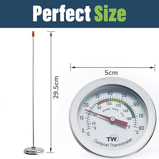 Compost Thermometer Stainless Steel Dial - Ideal Composting Soil Thermometer with 50MM Diameter C and F Dial and 295MM Compost Temperature Gauge Probe
