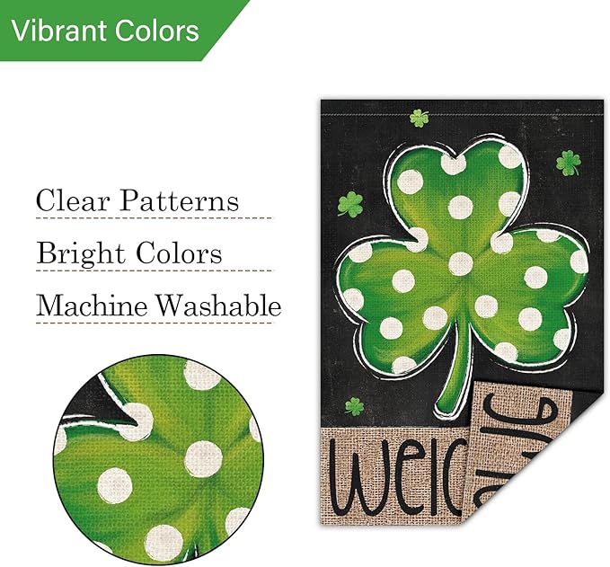 Louise Maelys St Patrick's Day Garden Flag Shamrock Welcome Double Sided 12x18 Inch Small Burlap Happy Spring Holiday Yard Outdoor Outside Home Decoration Sign
