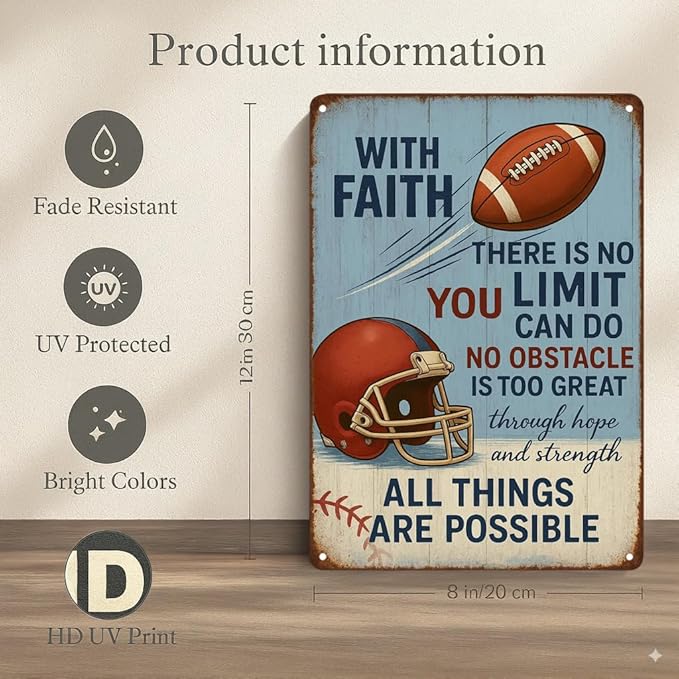 Funny Football Faith Metal Sign – Vintage Christian Sports Wall Art for Locker Room, Bedroom, or Gym – Motivational Football Gift for Athletes, Coaches, and Football Fans (FOOTBALL)