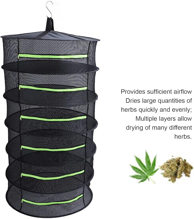 Herb Drying Rack, Opening Design, Fluorescent Green Zipper Cover, Multifunctional Wateright Hanging Mesh, Herb Dry Net for Garden (6 Layers)