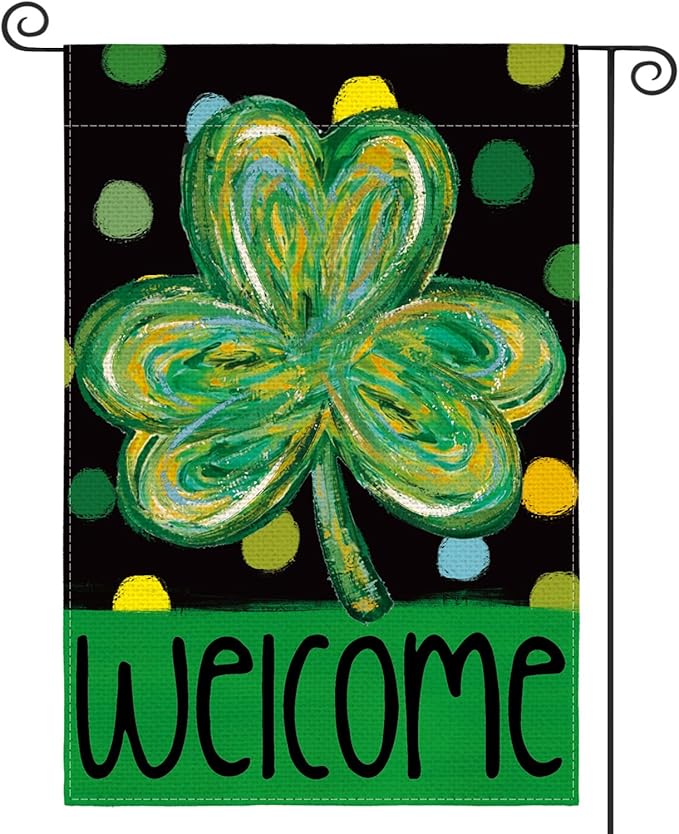 AVOIN colorlife St Patricks Day Garden Flag 12x18 Inch Double Sided Outside, Shamrock Clover Polka Dots Welcome Holiday Yard Outdoor Flag