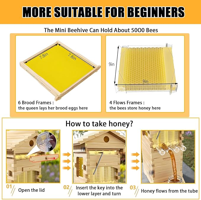 Self-Flow Hive Beehive Starter Kit,Flow Hive Beehive Starter Kit， with Observation Window & Honey Spout, with 4 Frames & 6 Trays for Garden Pollinators, Beginner-Friendly