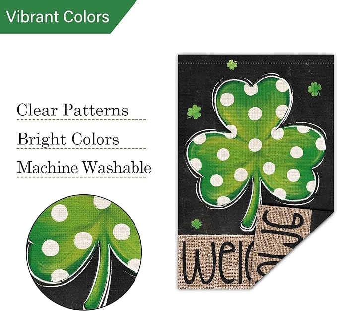 Louise Maelys St Patrick's Day Garden Flag Shamrock Welcome Double Sided 28x40 Inch Large Burlap Happy Saint Patricks Day Spring Holiday Yard Outdoor Outside Home House Decor