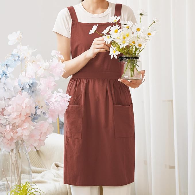 Cotton Linen Pinafore Apron Dress for Women with Pockets Cute Art Chef Aprons for Kitchen Baking Gardening Painting