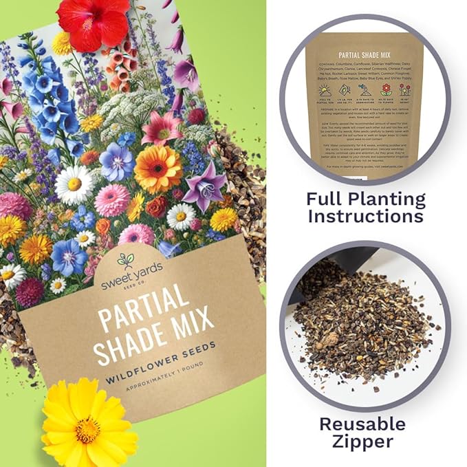 Bulk Wildflower Seeds Partial Shade Mix - 1 Pound Bag Over 120,000 Open Pollinated Annual and Perennial Seeds